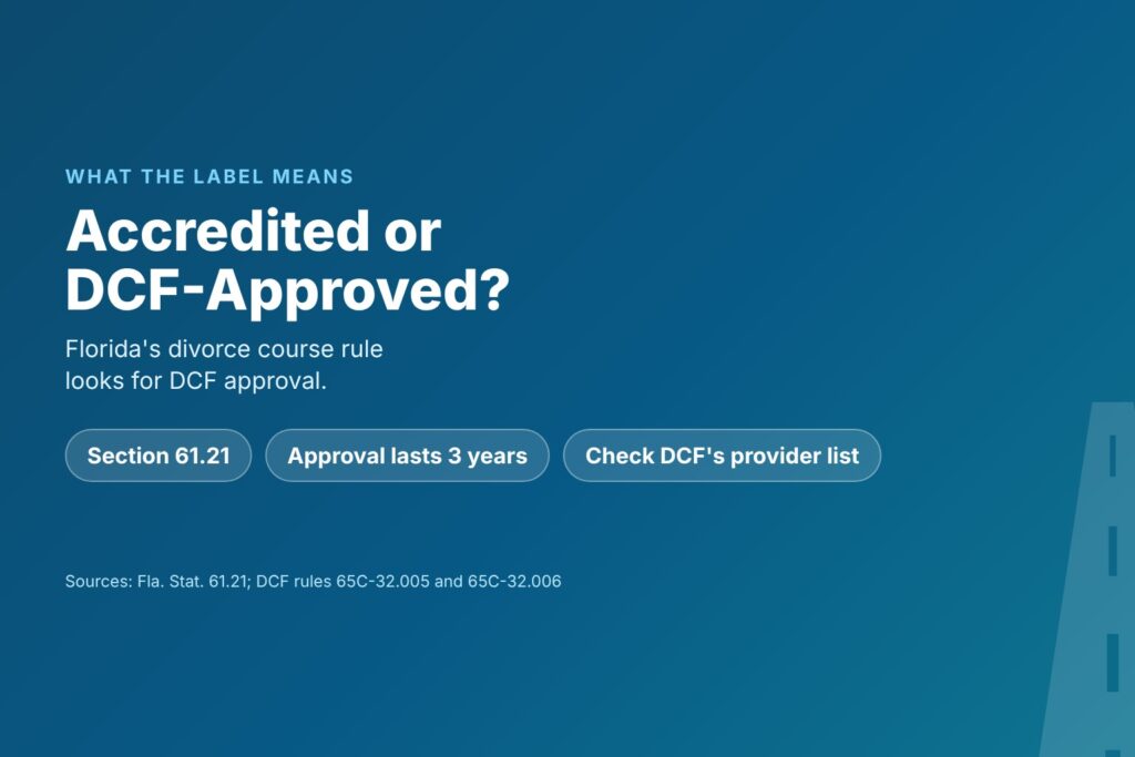 Blog Articles 7 Title card reading Accredited or DCF-Approved, with chips for section 61.21, three-year approval and DCF provider list