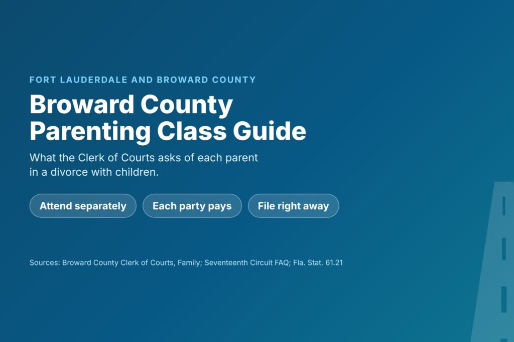Blog Articles 5 Title card reading Broward County Parenting Class Guide, with attend separately, each party pays and file the certificate right away