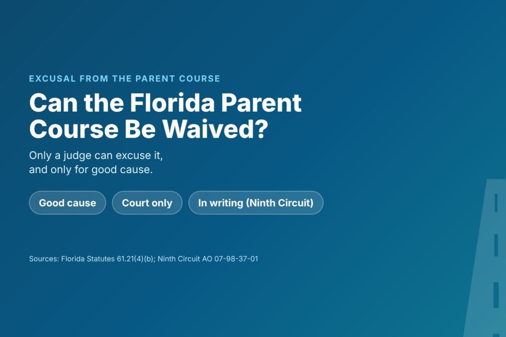 Blog Articles 4 Title card asking if the Florida parent course can be waived, with chips for good cause, court only and in writing in the Ninth Circuit