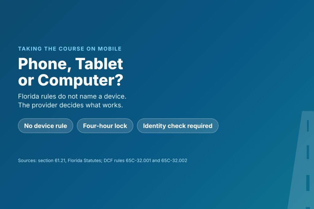 Title card asking Phone, Tablet or Computer, with chips for no device rule, a four-hour lock and identity checks