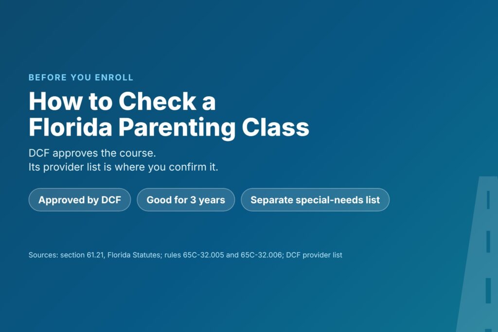 Title card reading How to Check a Florida Parenting Class, with chips for DCF approval, a three-year approval period and the special-needs list