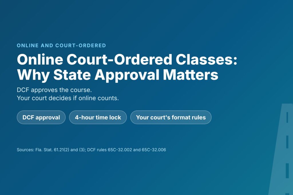 Title card reading Online Court-Ordered Classes: Why State Approval Matters, with chips for DCF approval, the 4-hour lock and your court rules