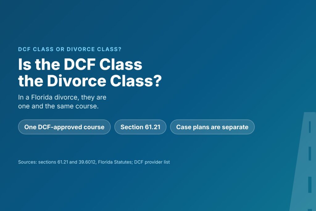 Title card reading Is the DCF Class the Divorce Class, with chips for one DCF-approved course, section 61.21 and separate dependency case plans