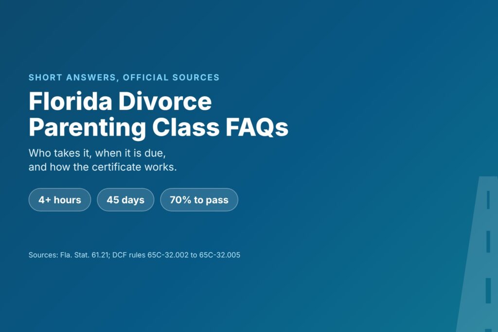 Title card reading Florida Divorce Parenting Class FAQs, with chips for 4 hours, 45 days and a 70 percent passing score