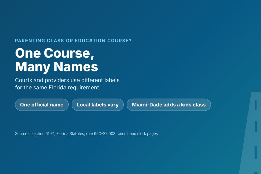 Title card reading One Course, Many Names, with chips for the official name, local labels and the separate Miami-Dade children class