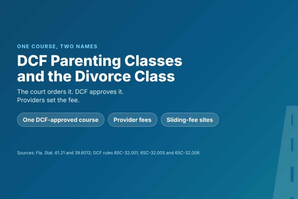 Blog Articles 10 Title card reading DCF Classes and the Divorce Class, with chips for one DCF-approved course, provider fees and sliding-fee sites