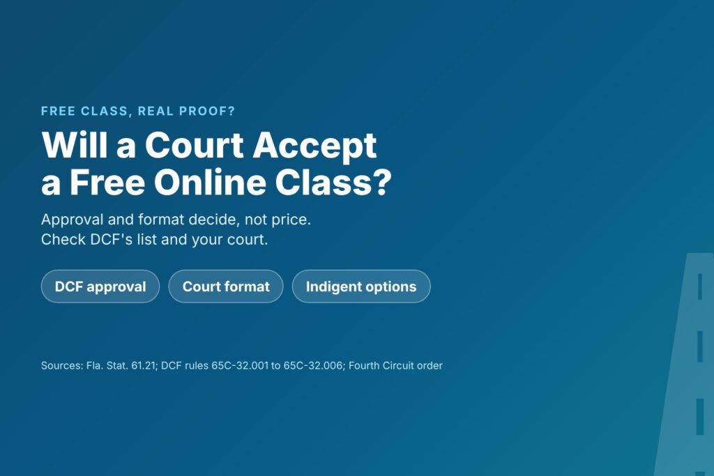 Blog Articles 9 Title card asking Will a Court Accept a Free Online Class, with chips for DCF approval, court format and indigent options