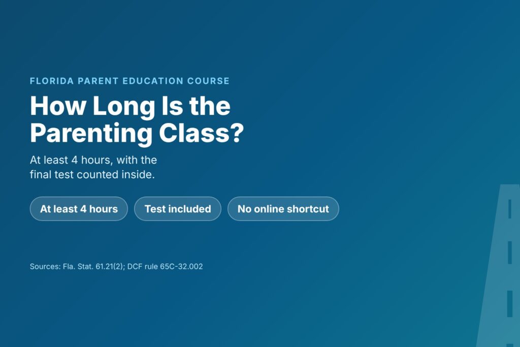 Blog Articles 7 Title card reading How Long Is the Florida Parenting Class, with at least 4 hours, the test included and no online shortcut