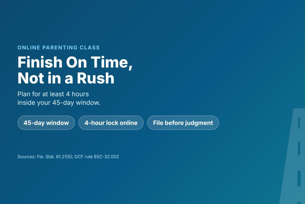 Blog Articles 3 Title card reading Finish on Time, with a 45-day window, a 4-hour minimum and proof filed before the final judgment