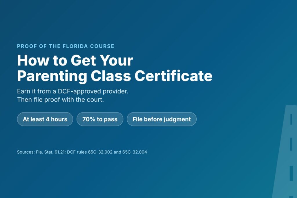 Blog Articles 2 Title card reading How to Get Your Parenting Class Certificate, with chips for four hours, 70 percent and file with the court