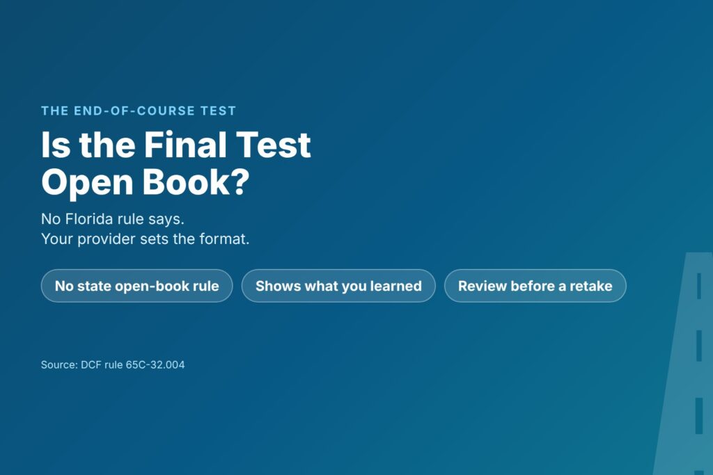 Title card asking Is the Final Test Open Book, with no state rule, a test of what you learned, and review before a retake