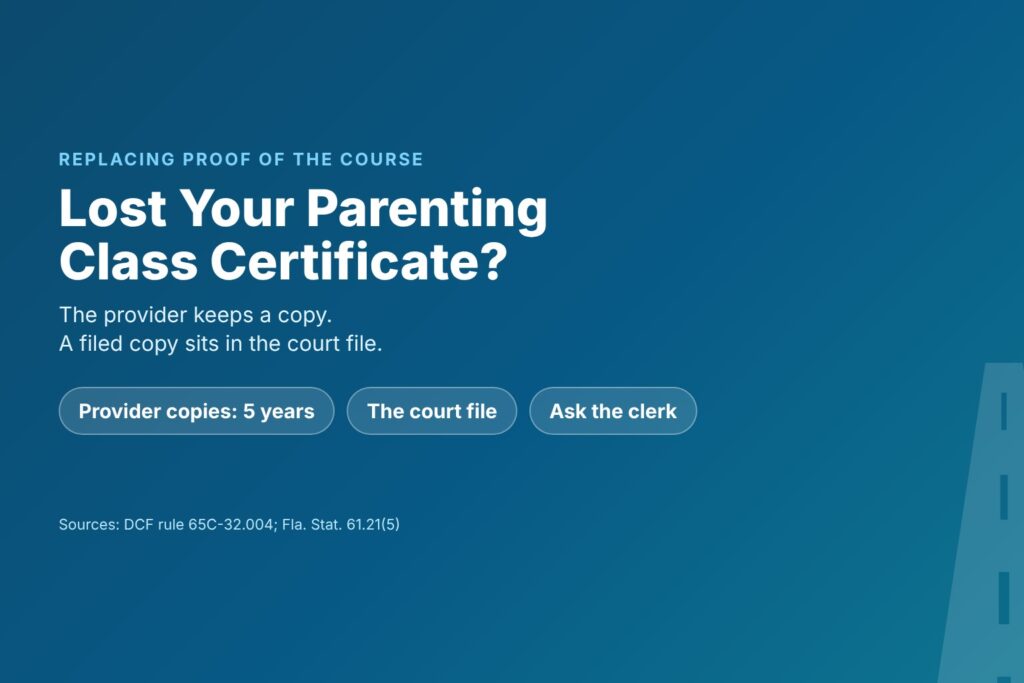 Title card reading Lost Your Certificate, with chips for provider copies kept five years, the court file and asking the clerk