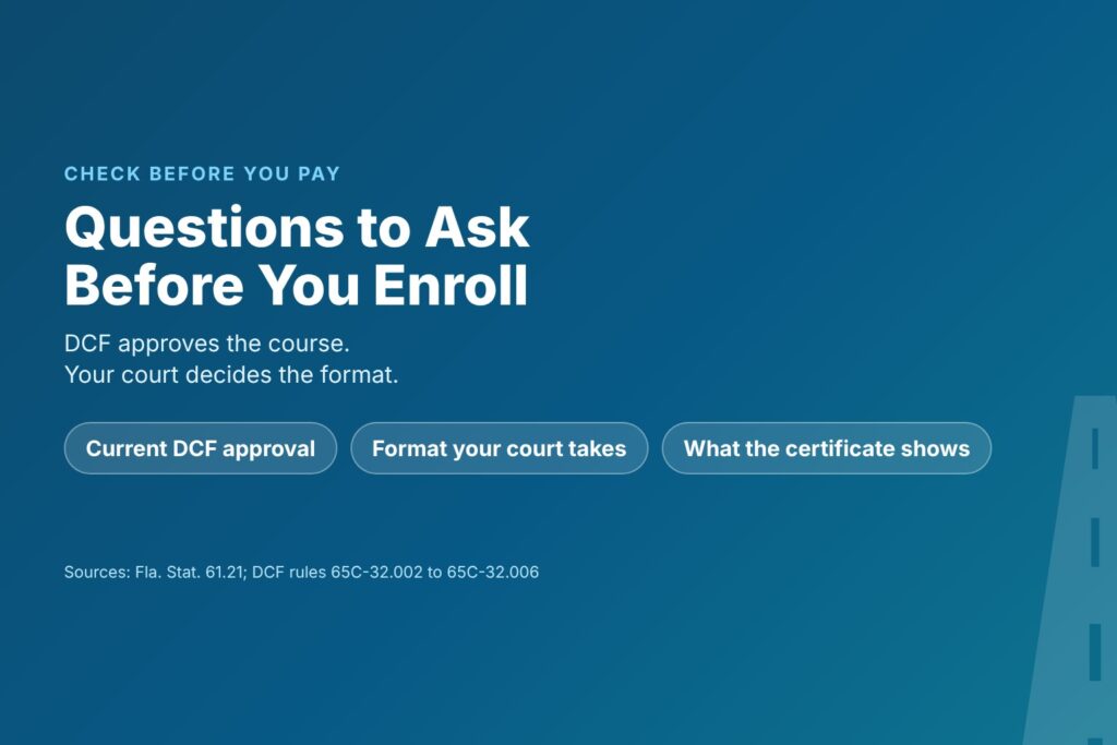 Title card reading Questions to Ask Before You Enroll, with chips for DCF approval, your court format and the certificate