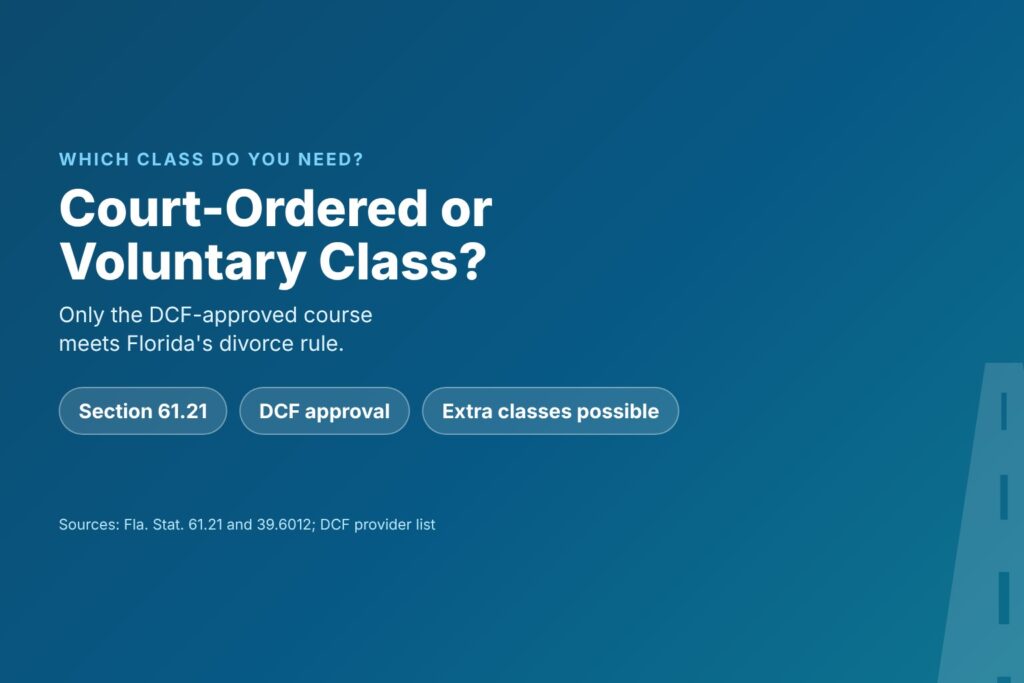 Title card reading Court-Ordered or Voluntary Parenting Class, with chips for section 61.21, DCF approval and extra classes