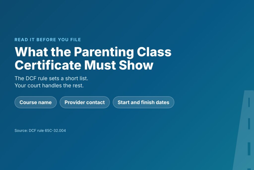 Title card reading What the Certificate Must Show, with chips for course name, provider contact and start and finish dates