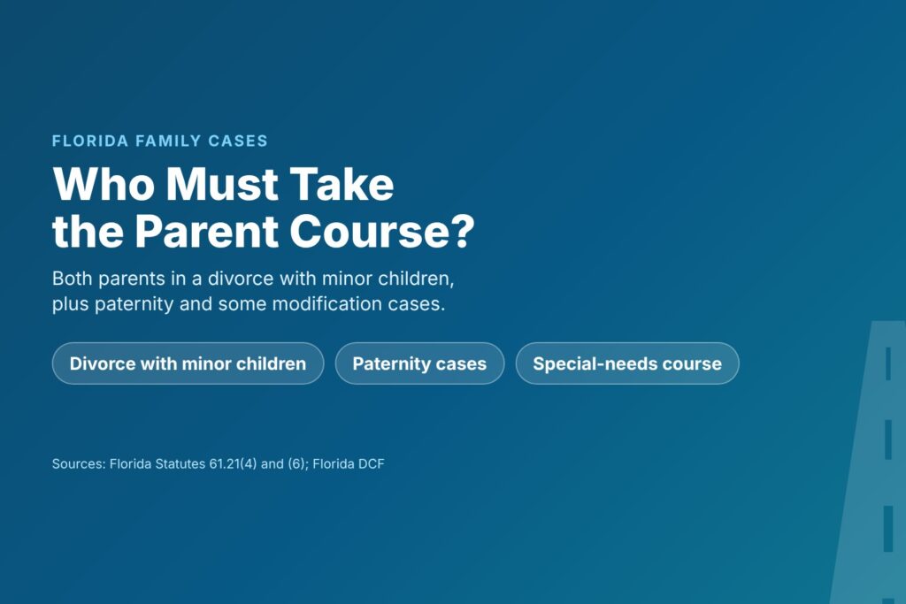Title card asking who must take the Florida parent course, with chips for divorce, paternity and special needs